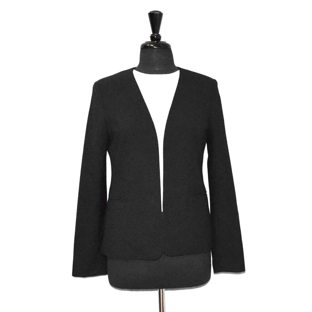 B0 Auth BABATON Black Wool Blend Open Front Collarless Jacket Blazer Size 8